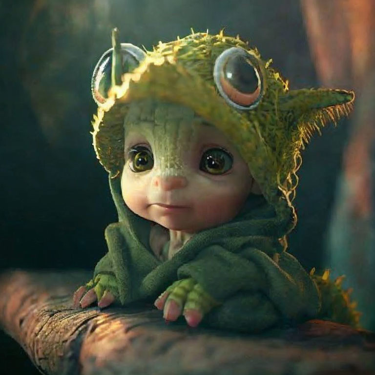 Animated green creature with hood sitting on wooden surface