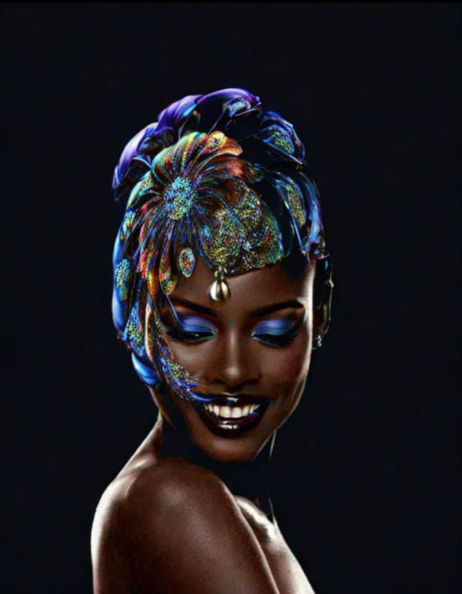 Colorful Headscarf Woman Smiling with Vibrant Makeup