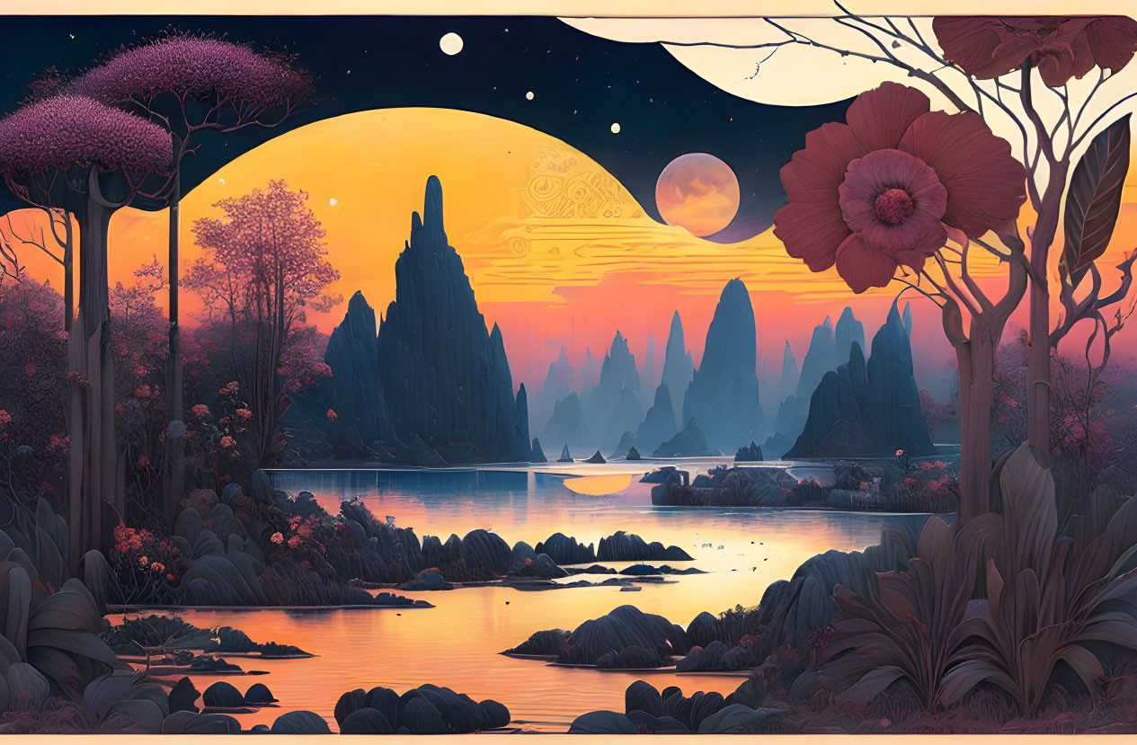Majestic otherworldly landscape with purple and orange sky, serene lake, exotic flora, distant