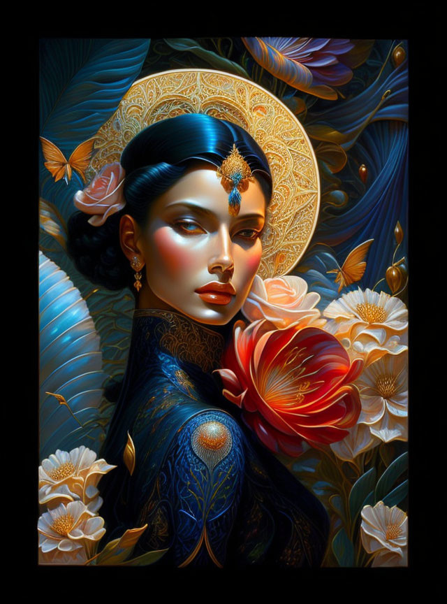 Colorful Digital Art of Woman with Ornate Jewelry and Floral Tapestry