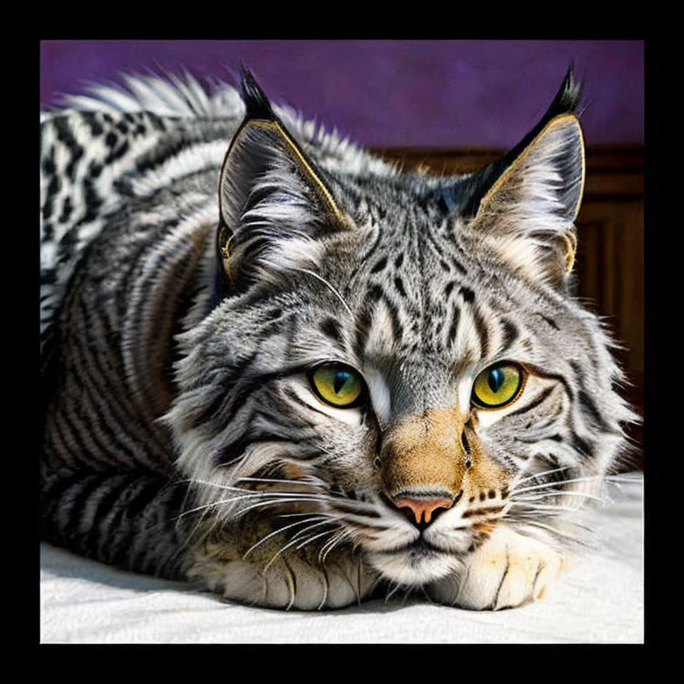 Maine Coon Cat with Tabby Stripes and Yellow Eyes in Close-Up