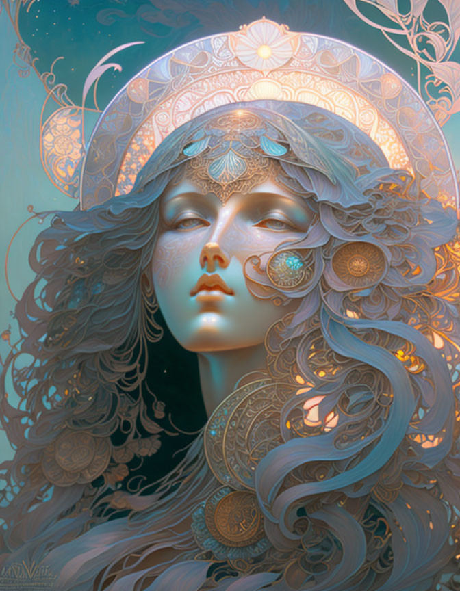 Ethereal woman with silver filigree in serene expression.