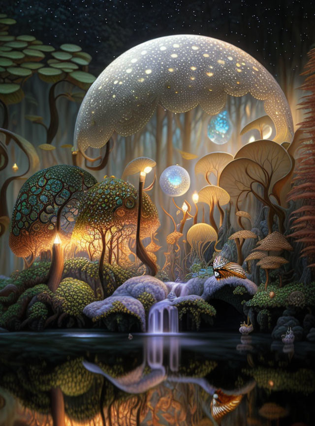 Fantasy forest with luminescent mushrooms, waterfall, reflective lake, starry sky.