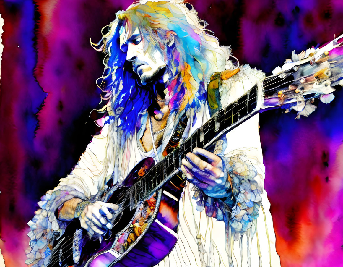 Colorful illustration of guitar player with electric guitar in vibrant, stylized setting