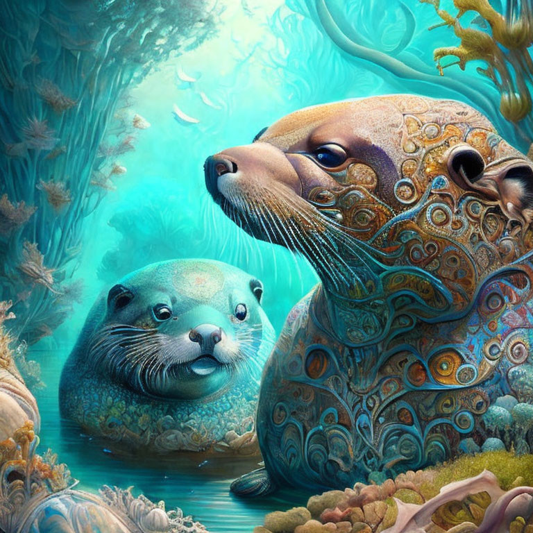 Ornate seal-like creatures in underwater fantasy illustration