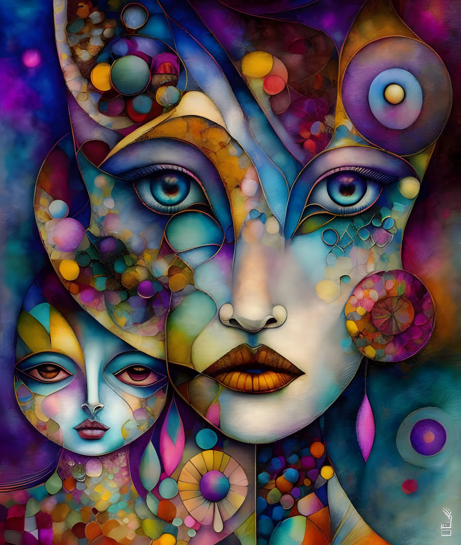 Colorful surreal portrait featuring two faces with abstract and whimsical details