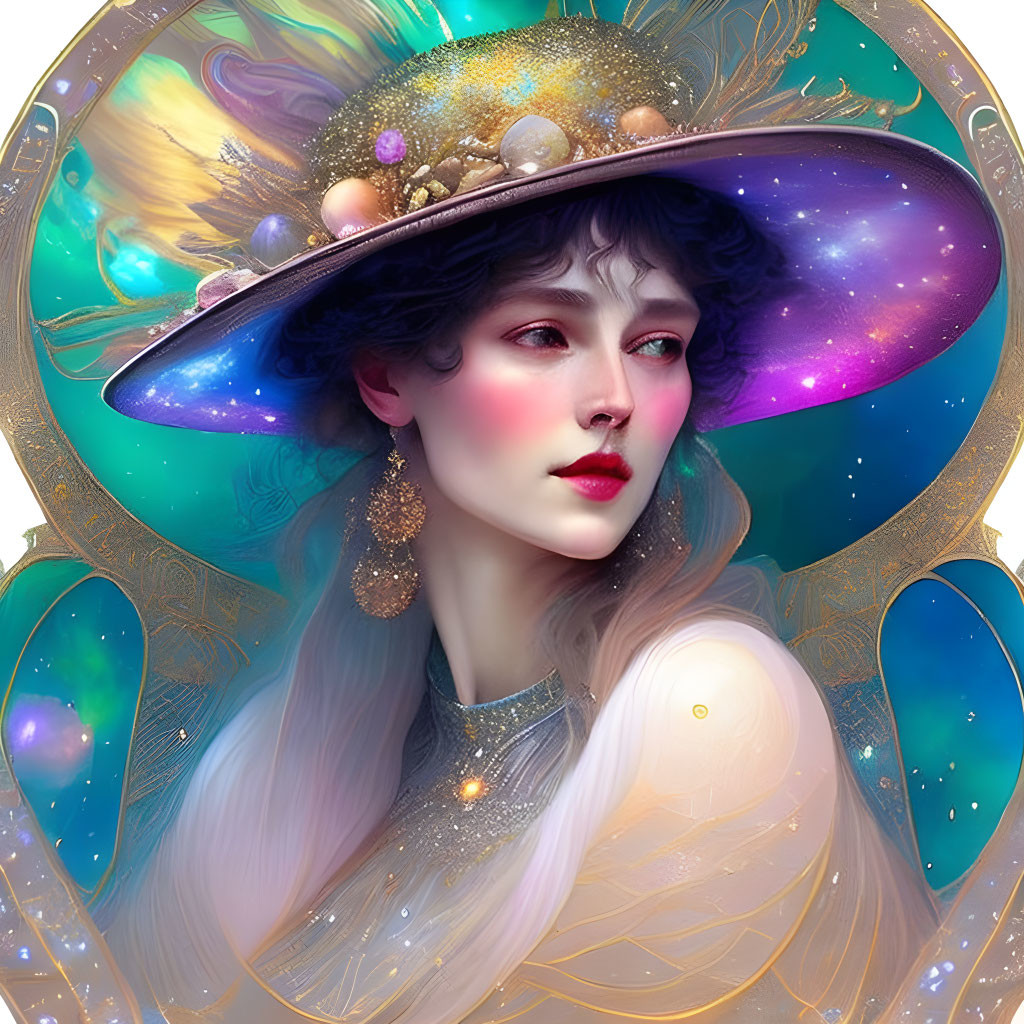 Cosmic-themed portrait of a woman with galaxy hat & ethereal motifs