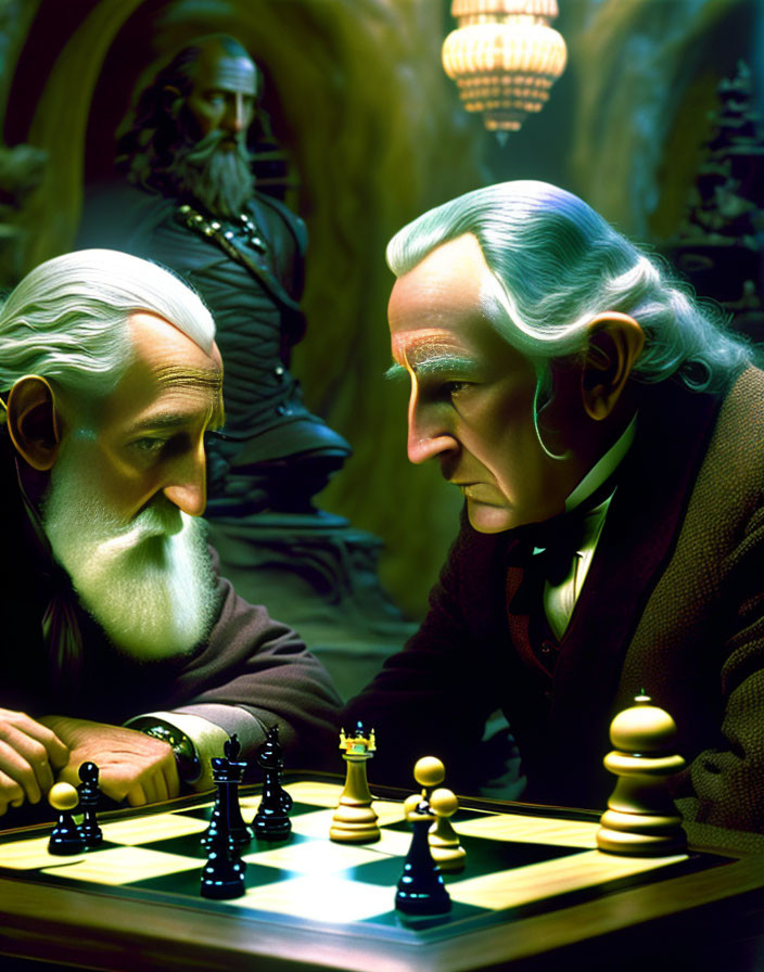 Elderly gentlemen playing chess under warm light