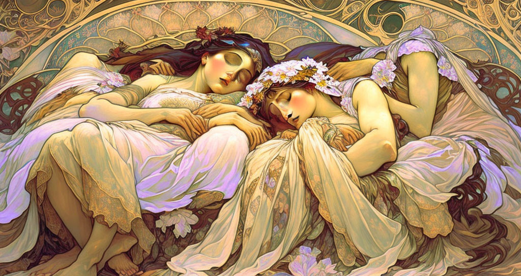 Ethereal Art Nouveau depiction of two women in harmonious embrace