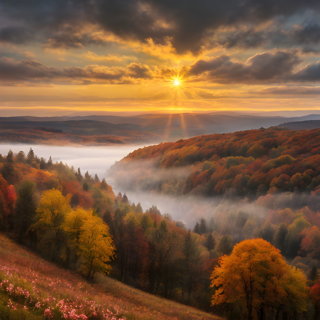 Vibrant autumn landscape with colorful trees and misty valley