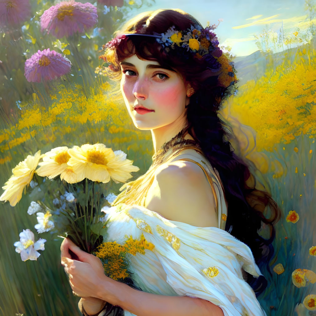 Woman with floral wreath in yellow flower field under sunlight