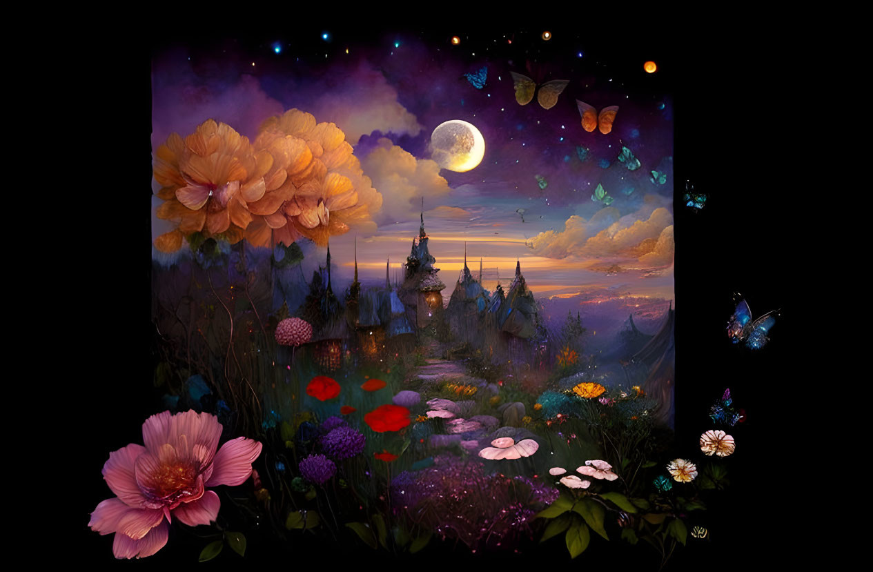 Vibrant flowers, butterflies, misty hills, starry night with crescent moon