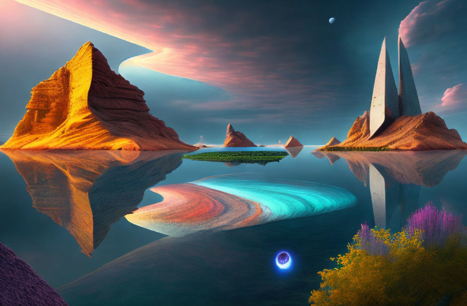 Vibrant surreal landscape with rock formations and floating islands