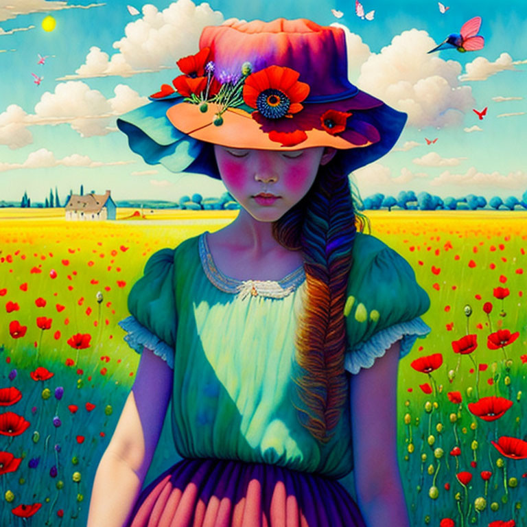 Stylized painting of a girl in wide-brimmed hat among poppies