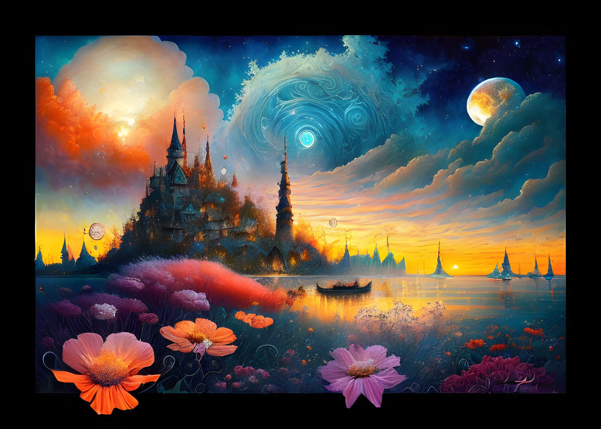 Vibrant fantasy landscape: castle, moons, stars, galaxy, boat, flowers