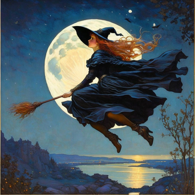 Red-haired witch on broomstick under full moon above sea