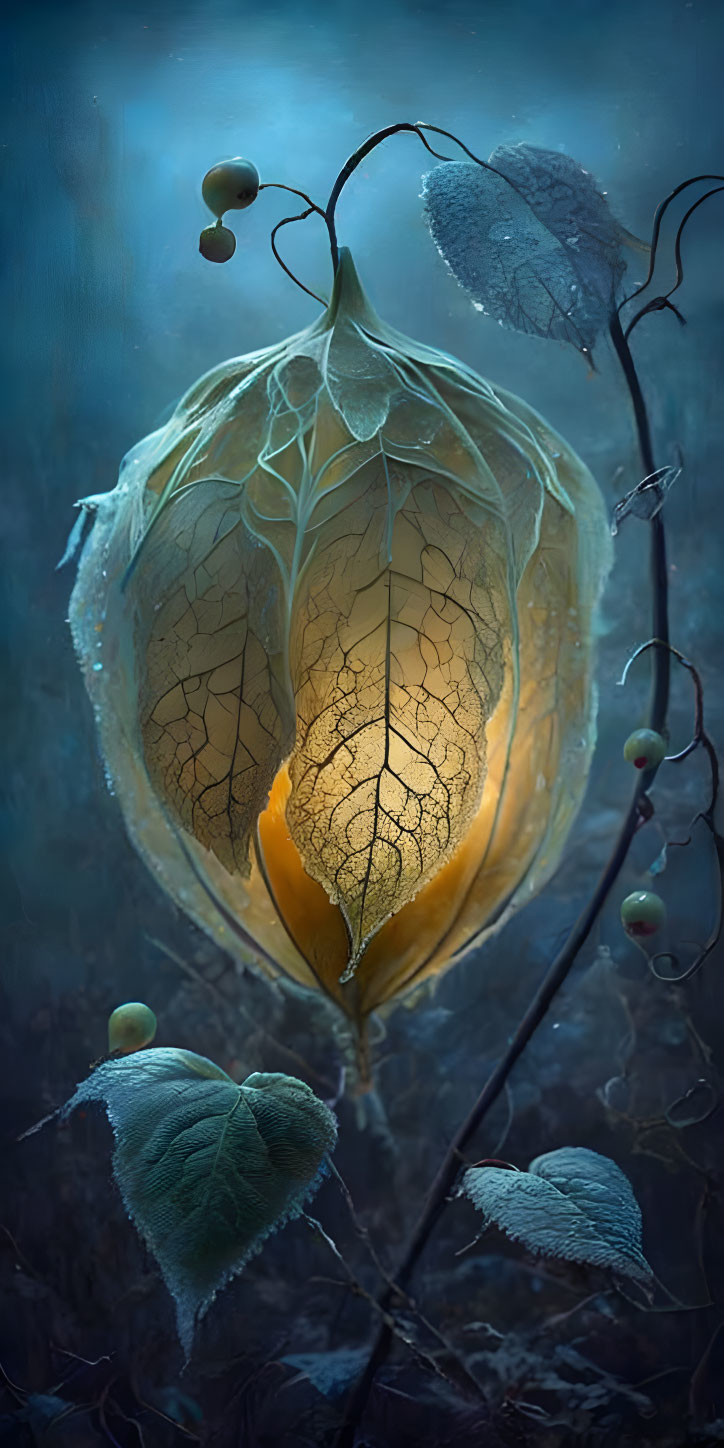 Detailed Veins on Glowing Lantern Plant Amid Dark Background