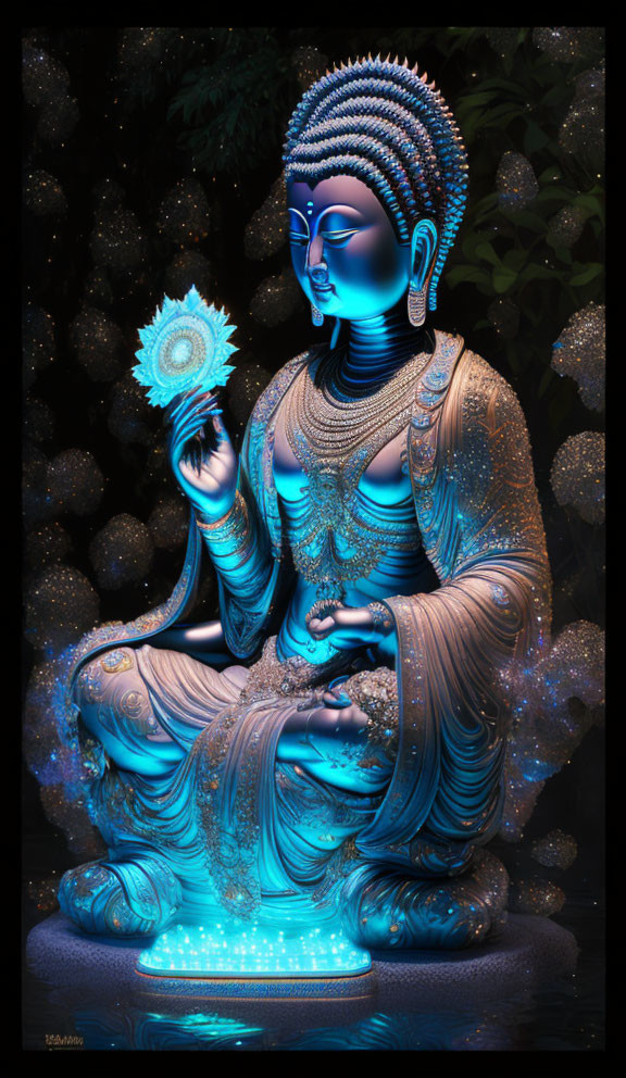 Vibrantly illuminated seated deity holding lotus flower against dark background