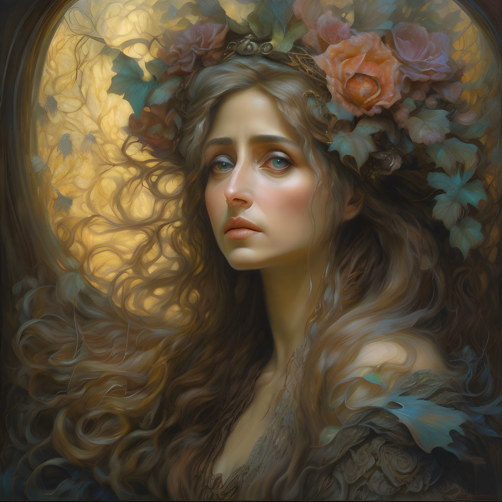 Portrait of young woman with flower crown in golden leaf setting