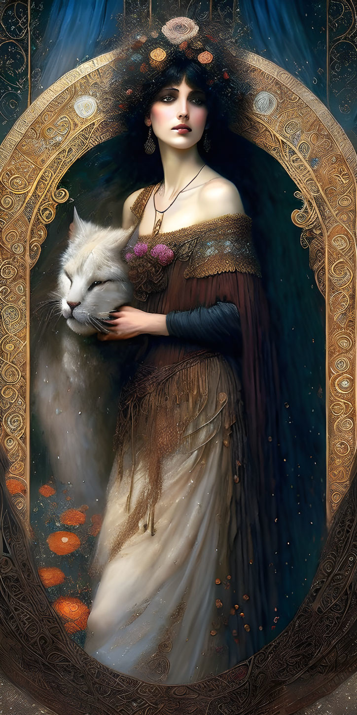 Dark-haired woman holding a white cat in ornate celestial oval frame