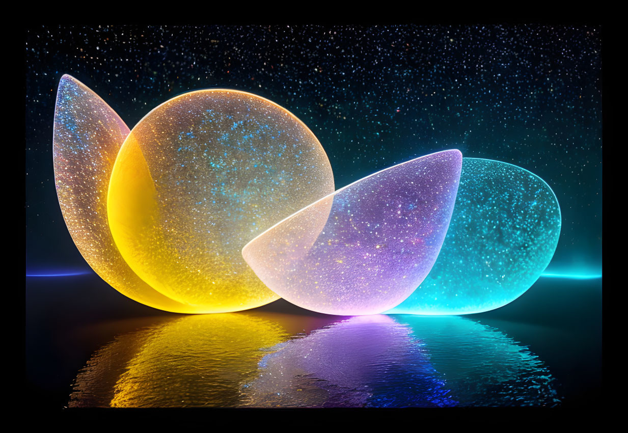 Luminous egg-shaped objects on reflective surface against starry backdrop