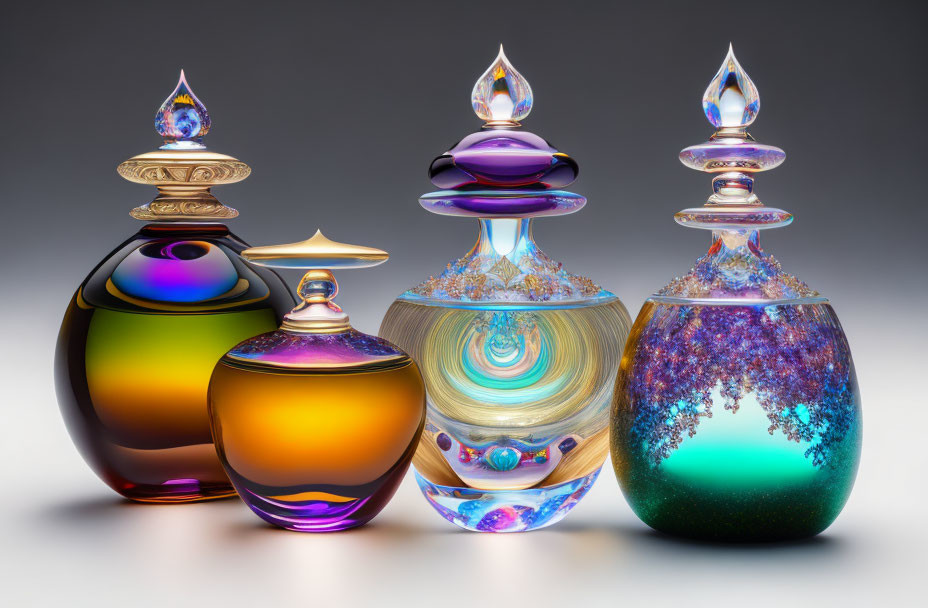 Four ornate, colorful perfume bottles on gradient background