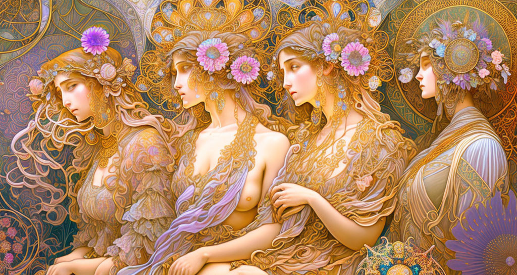 Art Nouveau-style illustration of three ethereal women with floral headpieces