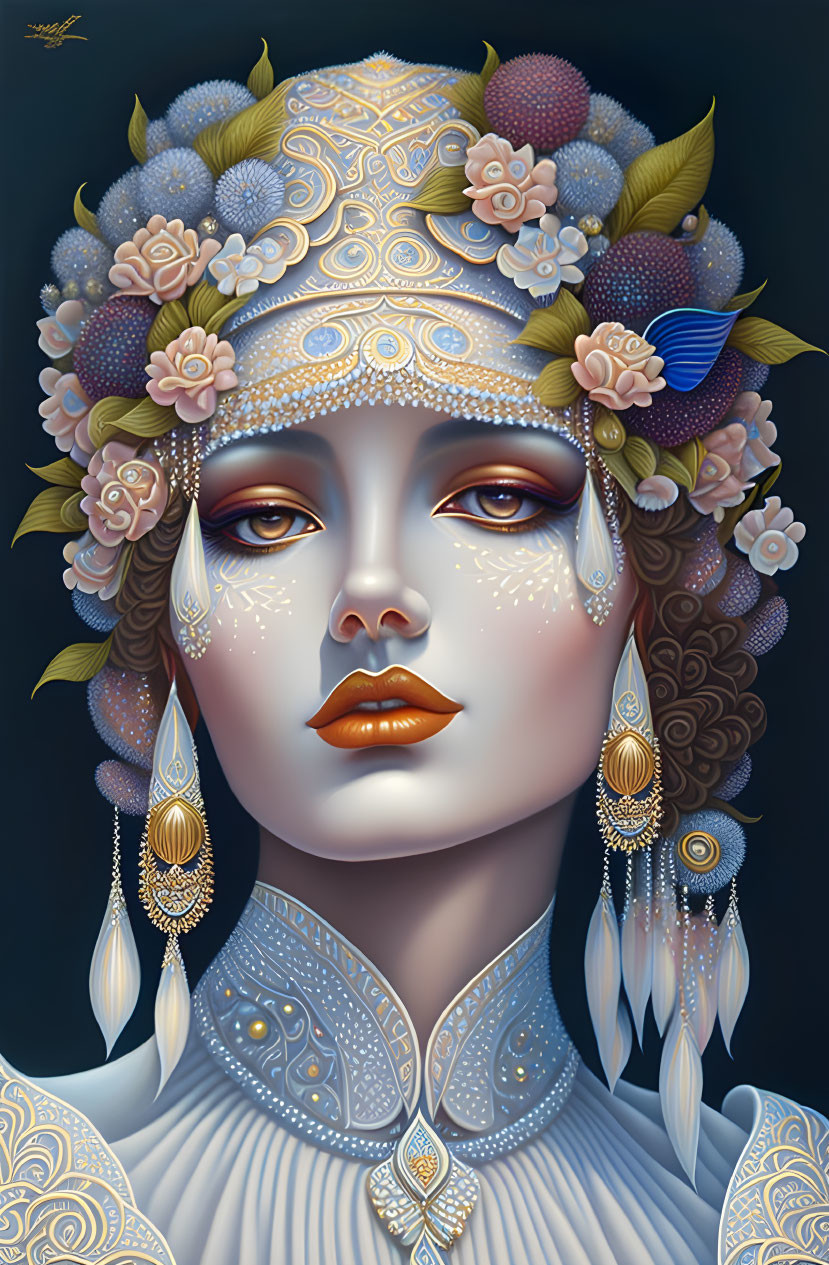 Illustrated portrait of woman with floral jeweled headdress in blue and violet hues