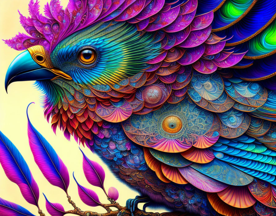 Colorful bird illustration with intricate patterns and vibrant hues perched on a branch