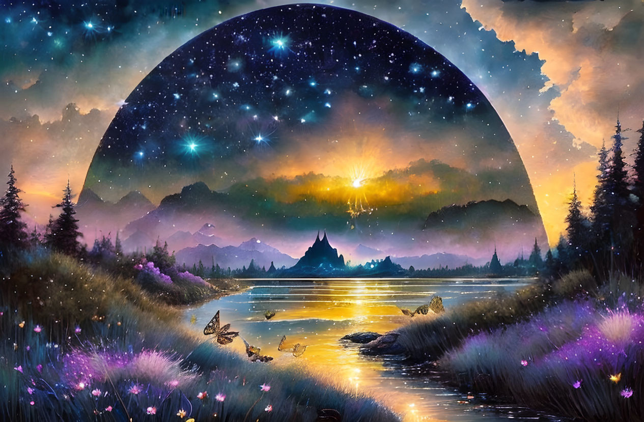 Fantastical dusk landscape with moon, stars, reflective lake, flowers, mountains