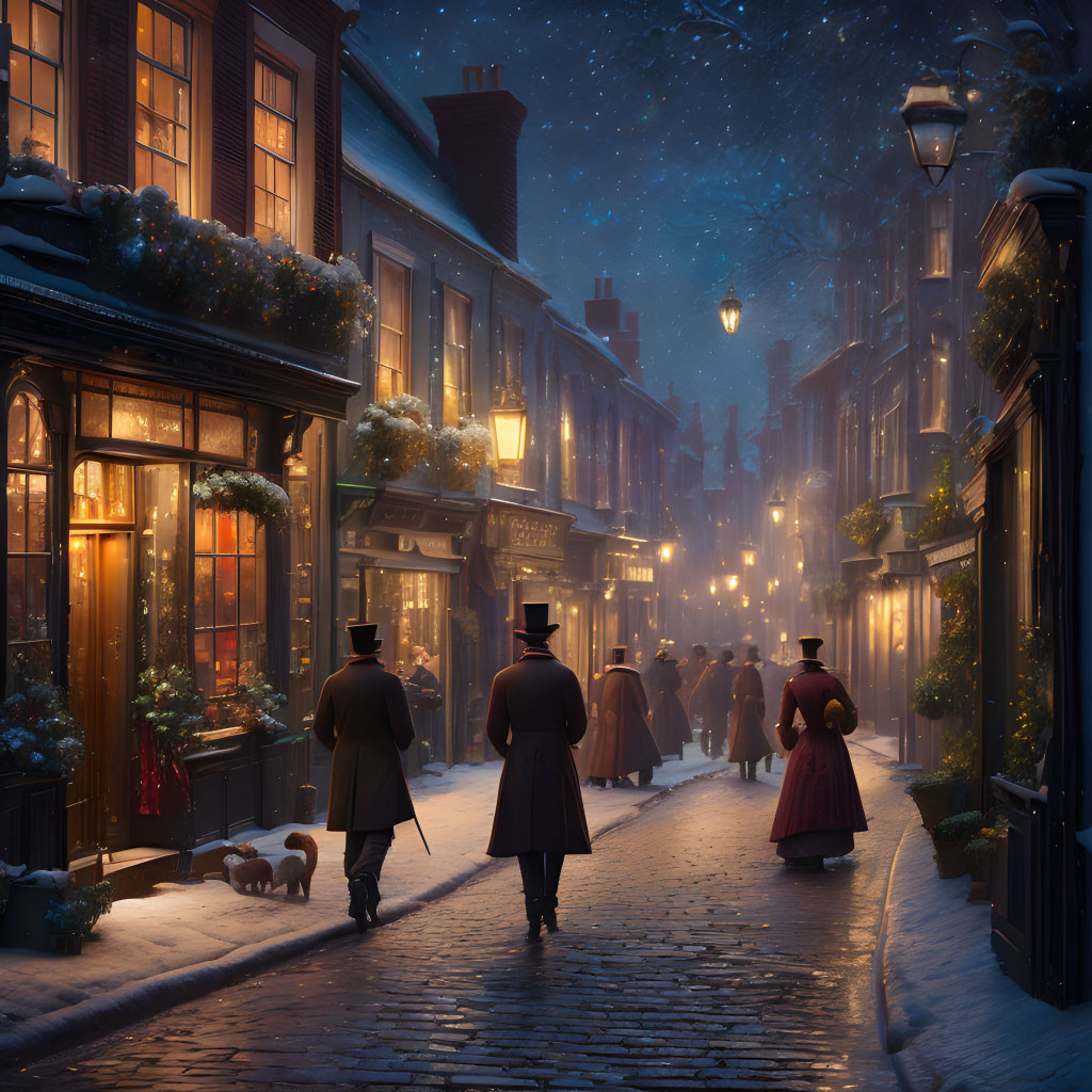 Victorian-era night street scene with snowfall, period clothing, vintage lamppost, and illuminated