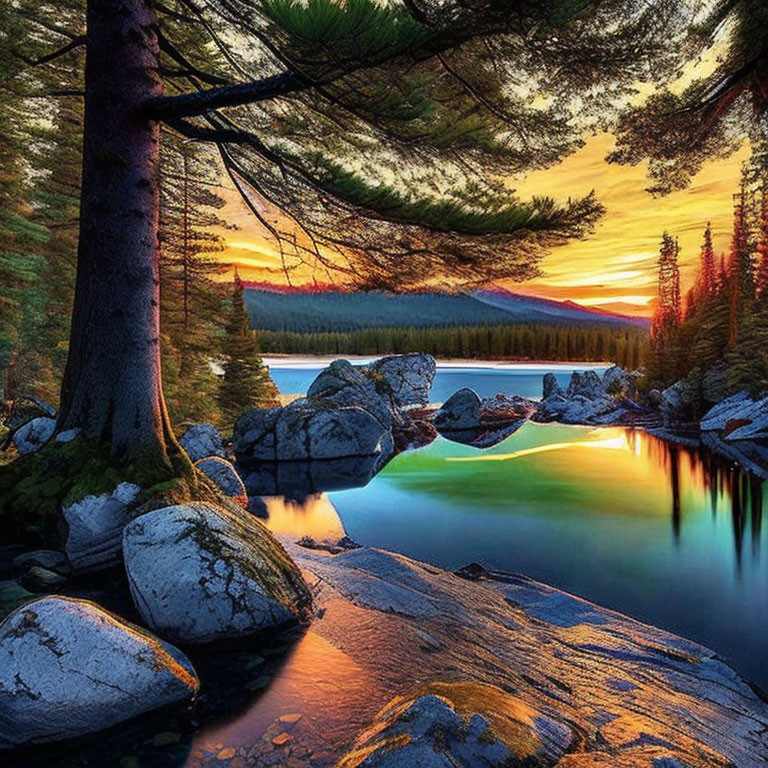 Tranquil forest lake at sunset with rocks and warm sky colors