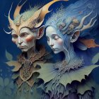 Ethereal Figures with Horns and Flowing Blue Hair