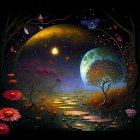 Glowing tree in night landscape with moons and butterflies