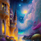 Fantastical castle by lake under starry sky with nebulae & lantern.