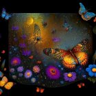 Colorful digital artwork: Butterflies, flowers, glistening droplets on dark background