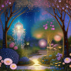 Mystical night garden with glowing path, luminous trees, oversized lamp, vibrant flora, star