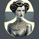 Monochromatic portrait of woman with geometric patterns and futuristic hairstyle