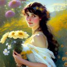 Woman with floral wreath in yellow flower field under sunlight