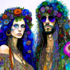 Colorful Portrait of Two Individuals with Flower Hats and Face Paint