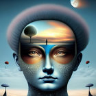 Surreal artwork: face with landscapes as eyes, tree, sunset, person, hot-air balloons