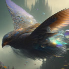 Majestic iridescent bird flying with bubbles and castle in blurred background