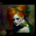 Vivid painting of woman with red hair and green attire in golden accents