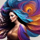 Colorful abstract art: Stylized woman with flowing, patterned hair in blue, purple,