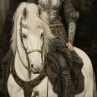 Medieval armor-clad woman on white horse in lush forest setting