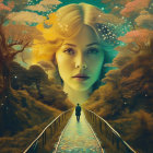 Surreal artwork: person on path to giant woman's face amidst autumn trees & orange sky