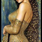 Stylized portrait of woman with dark hair, floral hair adornments, beaded gold dress,