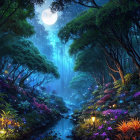 Vibrant nighttime forest with ethereal lighting and tranquil stream