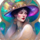 Cosmic-themed portrait of a woman with galaxy hat & ethereal motifs