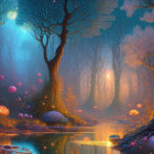 Enchanted forest with glowing trees, luminescent mushrooms, and tranquil river